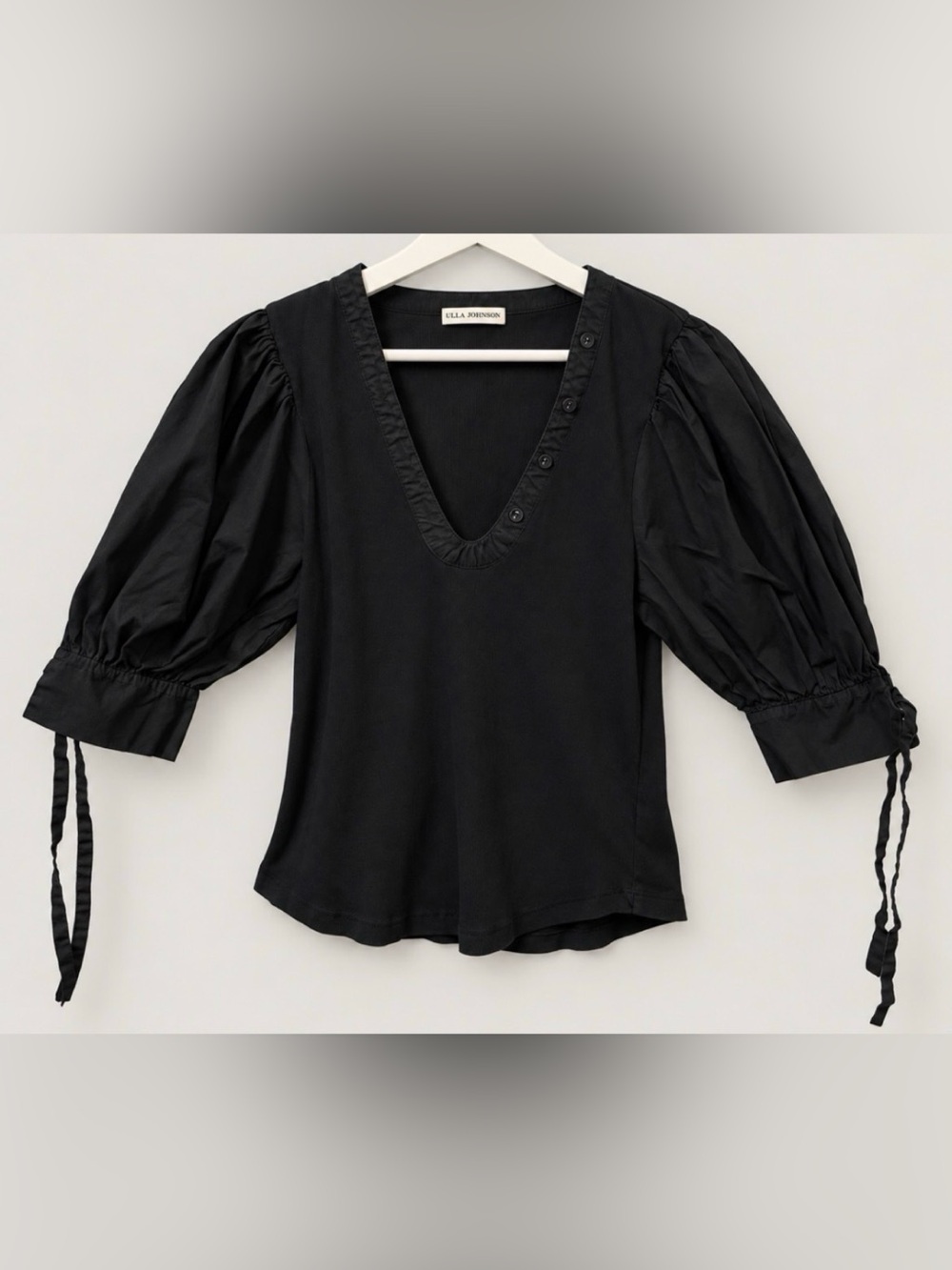 Ulla Johnson Black Ribbed Mixed Media Puff Sleeve Tie Cuff Top XL RN105177
